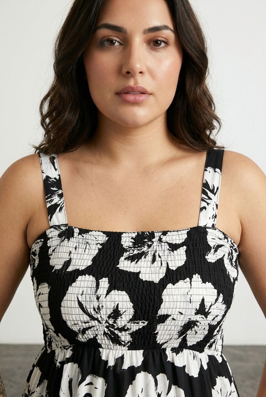 Plus Size Floral Print Thick Strapped Elastic Waist Dress