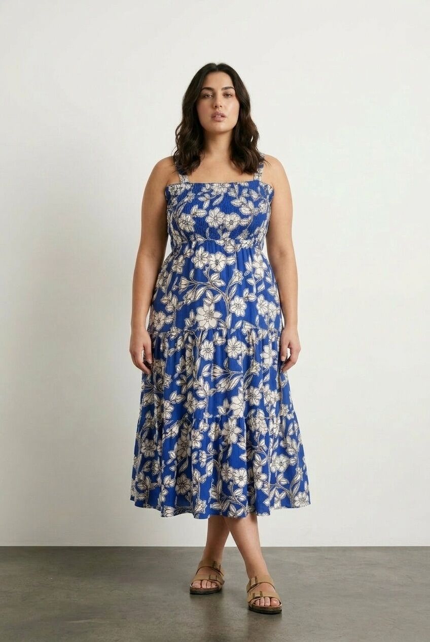 Plus Size Floral Print Thick Strap Elastic Waist Dress
