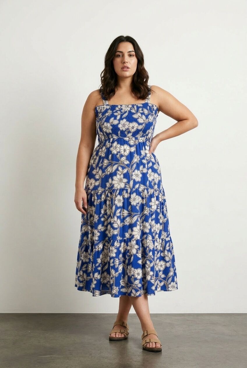 Plus Size Floral Print Thick Strap Elastic Waist Dress