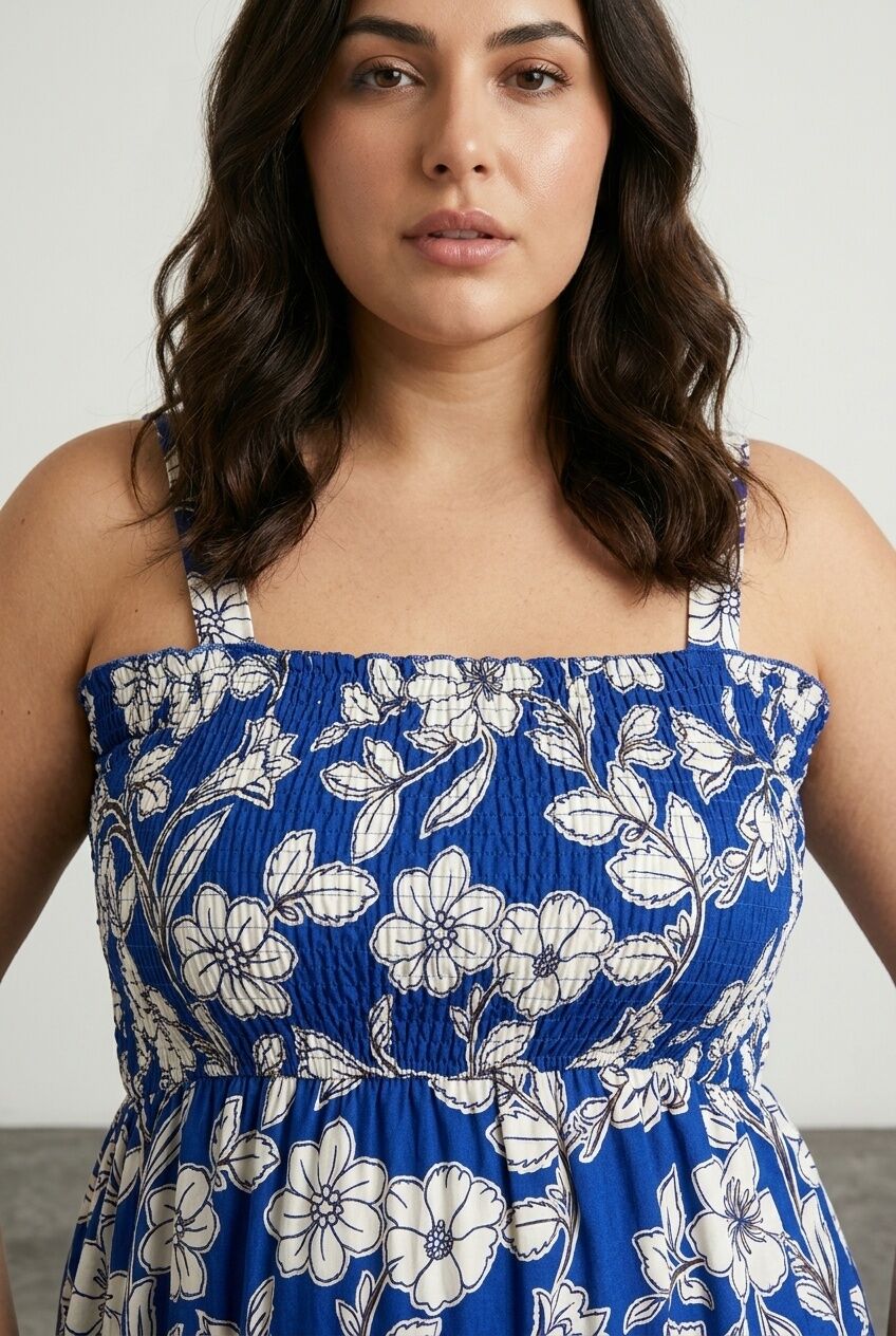 Plus Size Floral Print Thick Strap Elastic Waist Dress