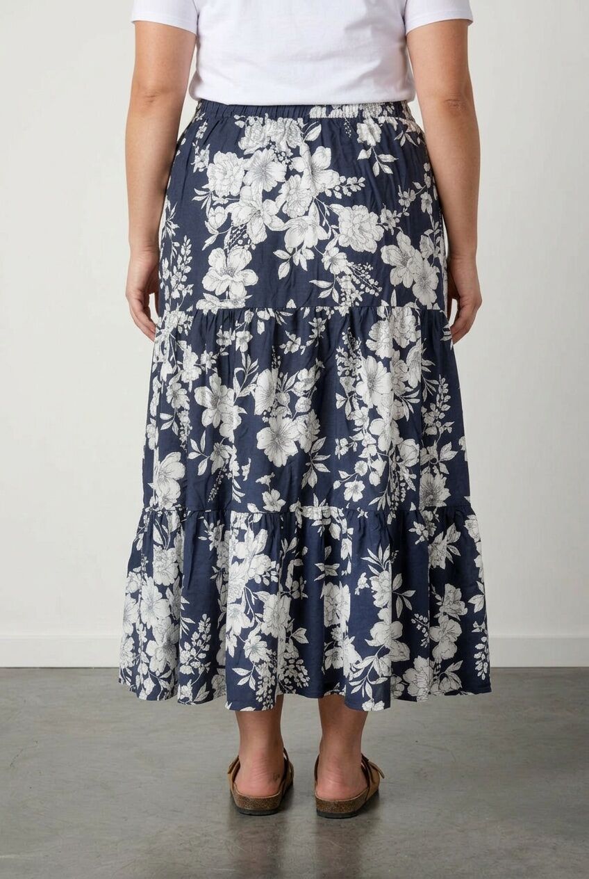 Plus Size Floral Patterned Elasticated Waist Ankle-Length Long Skirt