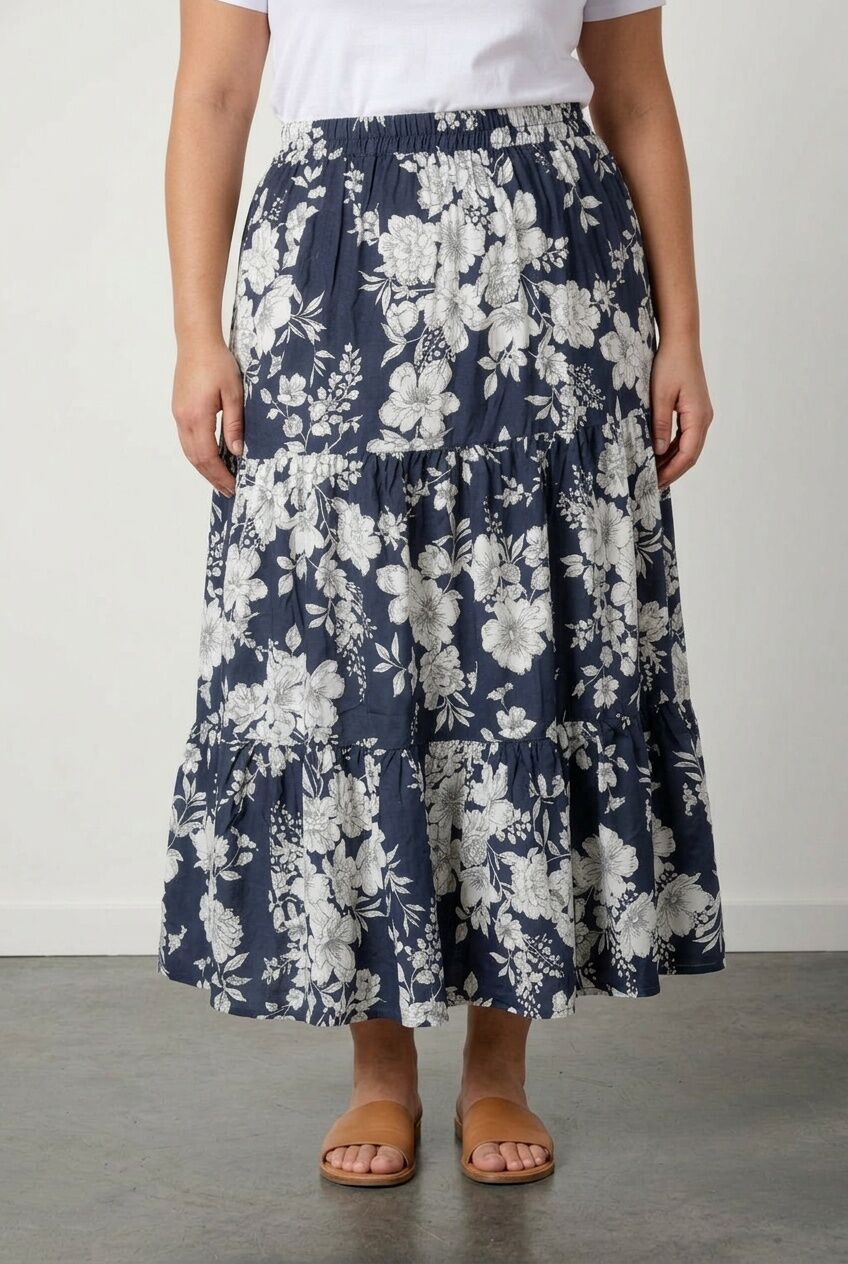 Plus Size Floral Patterned Elasticated Waist Ankle-Length Long Skirt