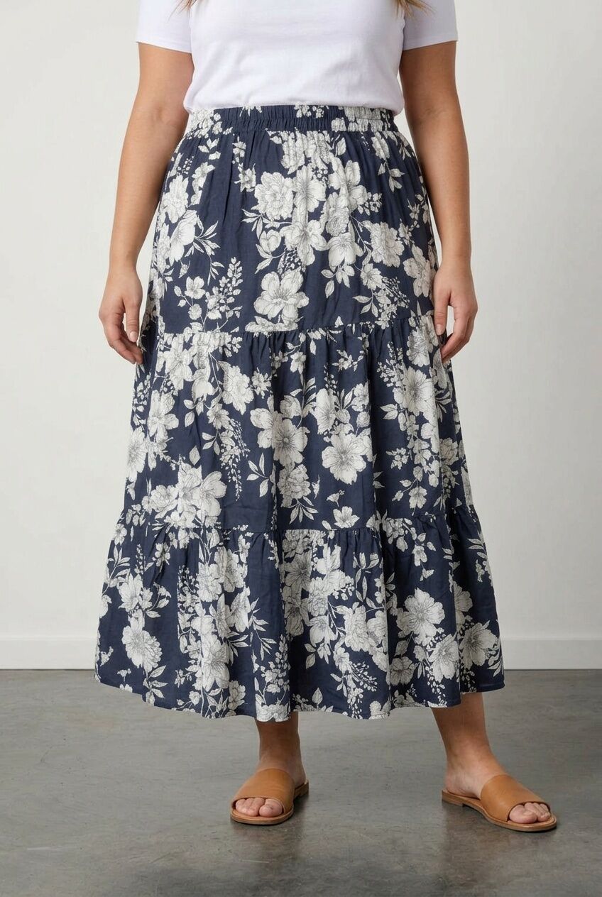 Plus Size Floral Patterned Elasticated Waist Ankle-Length Long Skirt