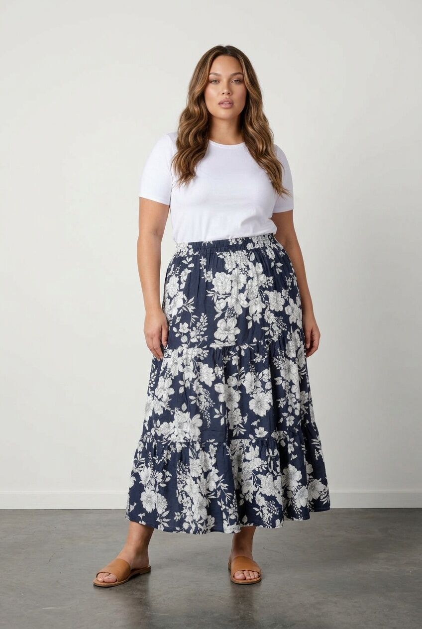 Plus Size Floral Patterned Elasticated Waist Ankle-Length Long Skirt