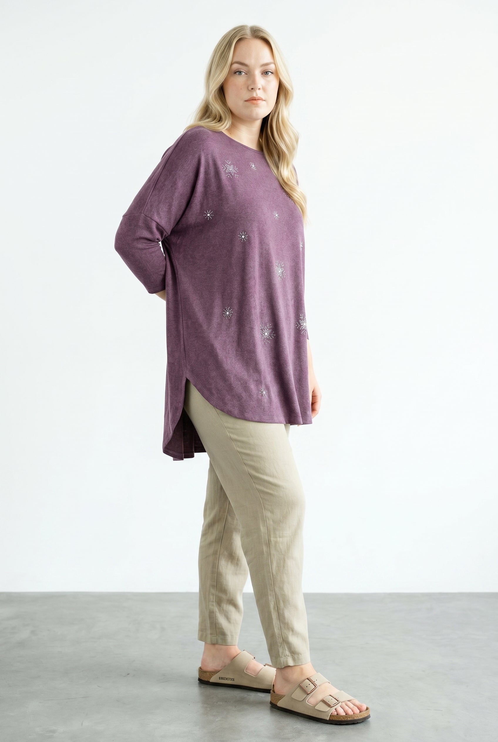 Plus Size Crew Neck Long-Line Stone Detailed Blouse
