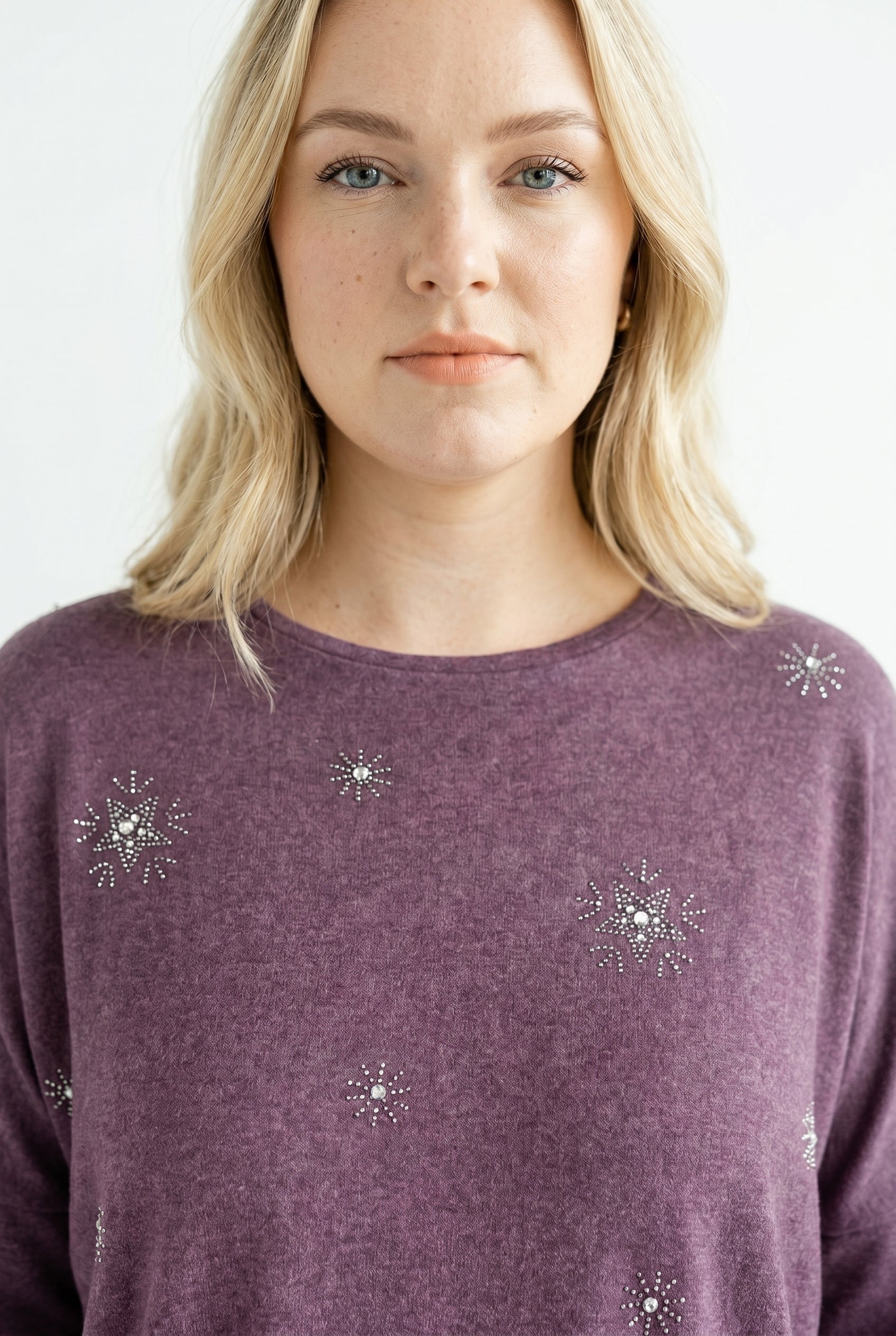 Plus Size Crew Neck Long-Line Stone Detailed Blouse