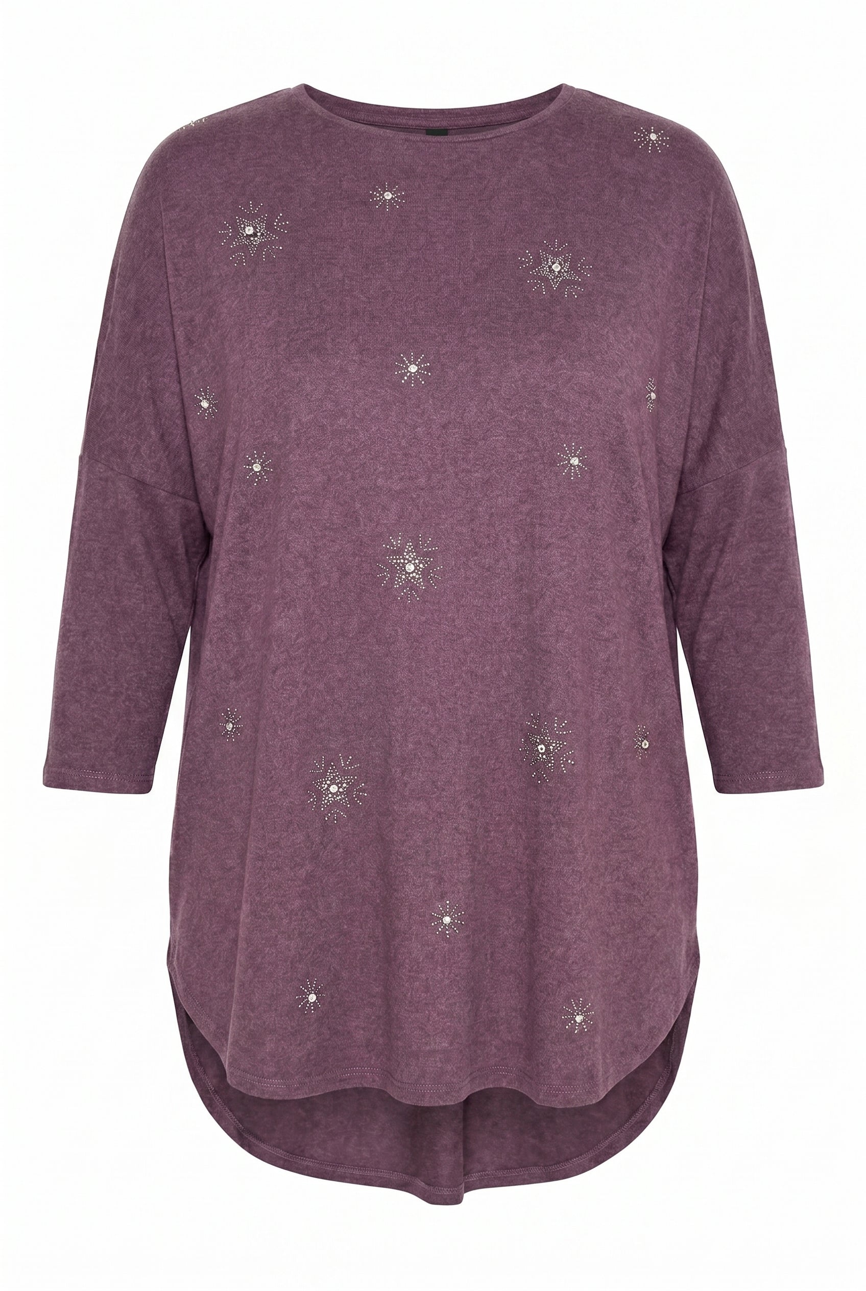 Plus Size Crew Neck Long-Line Stone Detailed Blouse