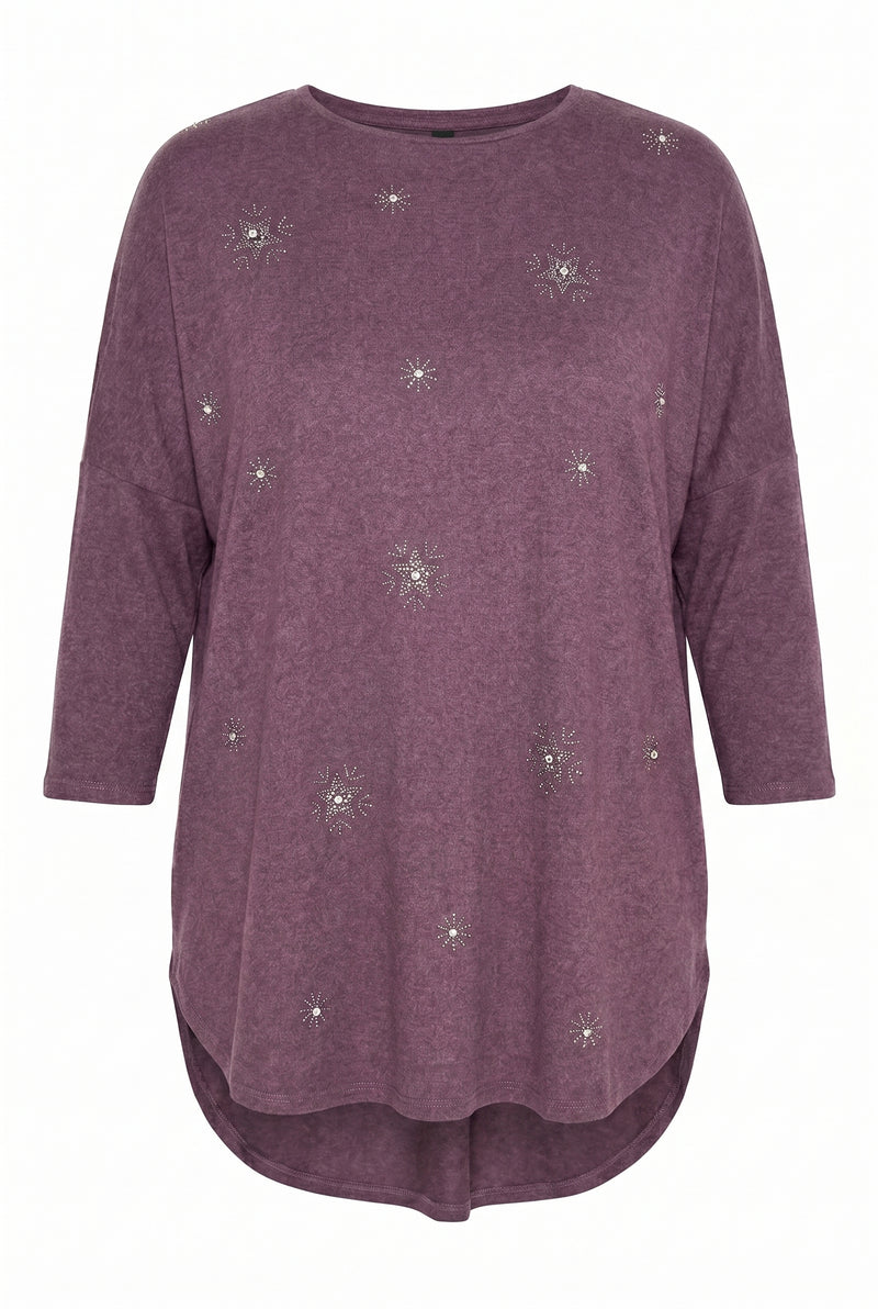 Plus Size Crew Neck Long-Line Stone Detailed Blouse