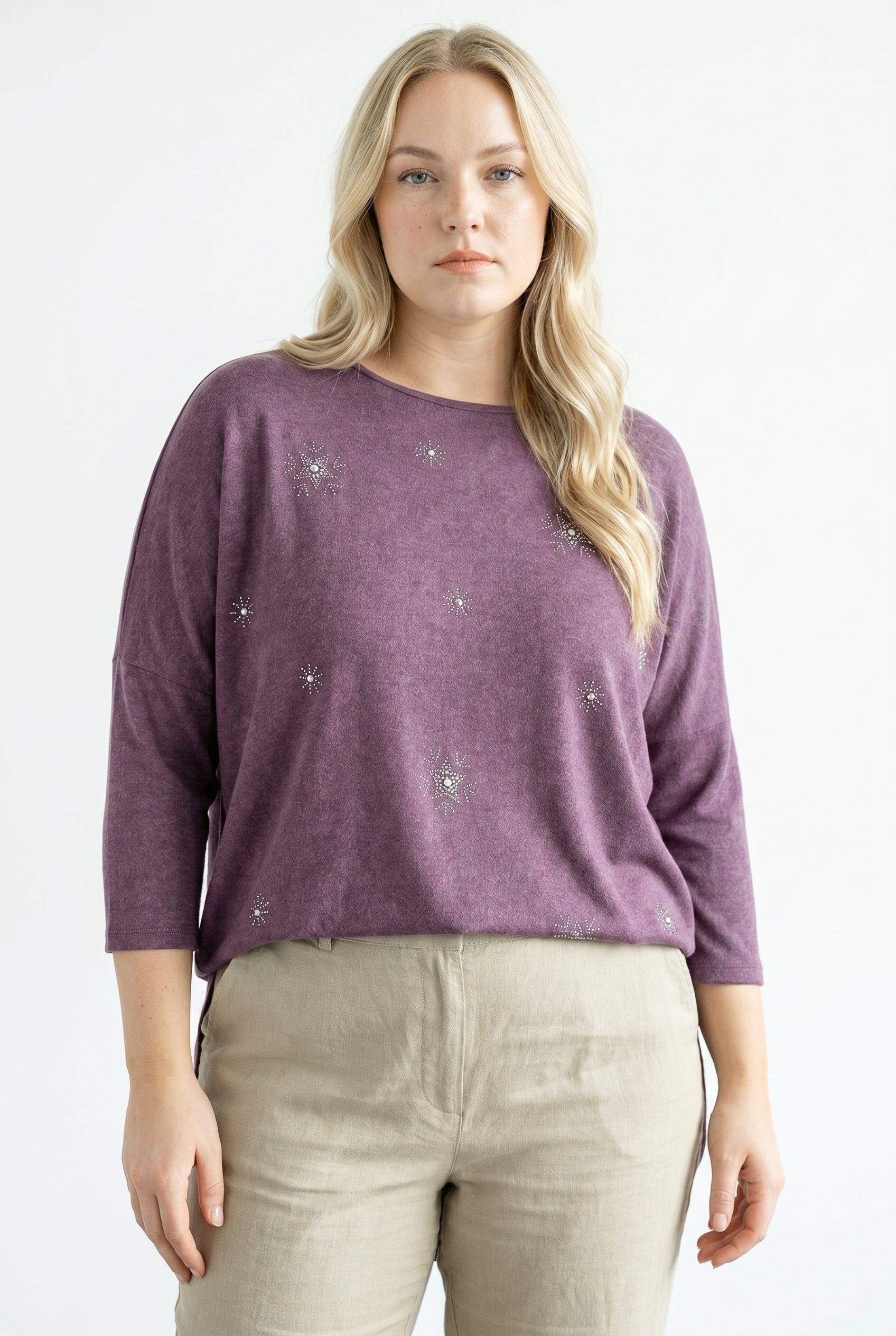 Plus Size Crew Neck Long-Line Stone Detailed Blouse