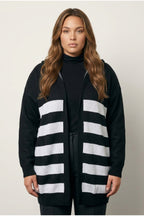 Plus Size Long Sleeve Pocketed Hooded Striped Knitted Cardigan