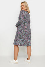 Plus Size V-Neck Long Sleeve Patterned Midi Length Dress