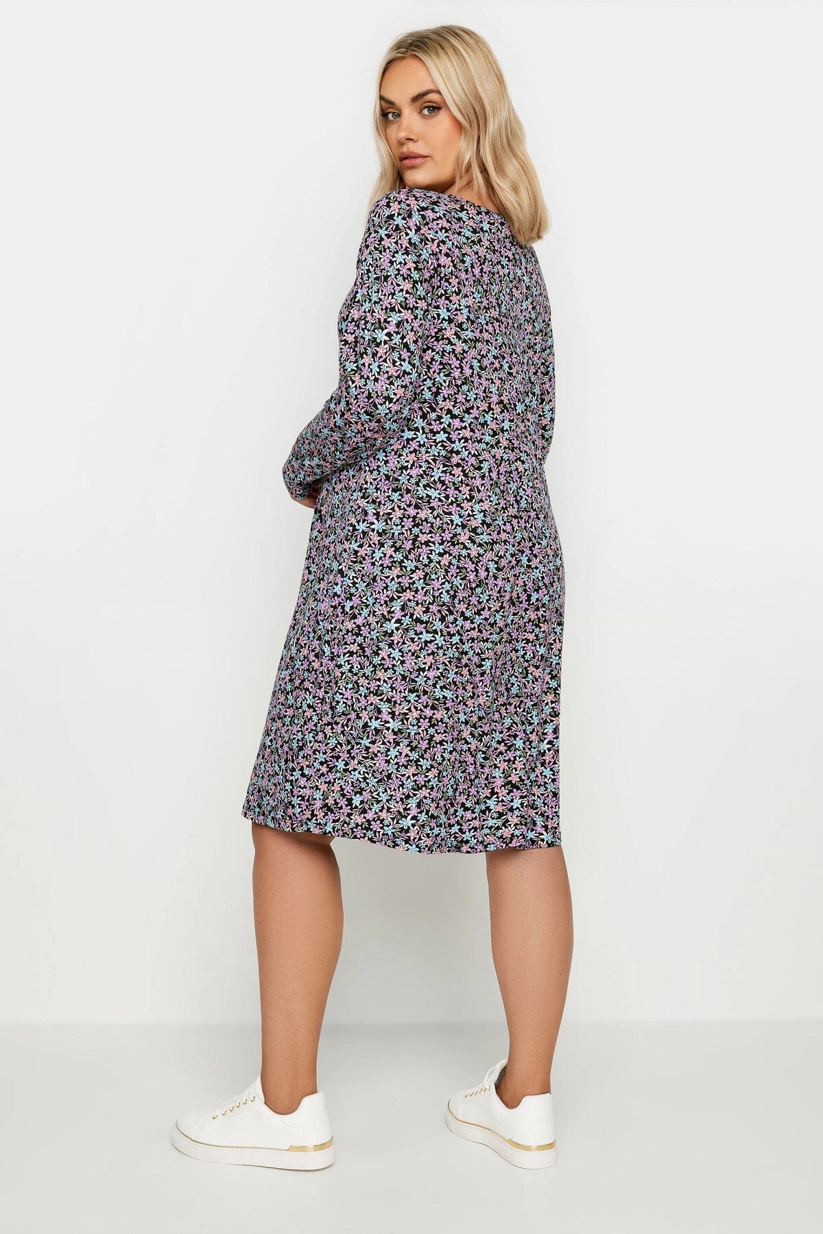 Plus Size V-Neck Long Sleeve Patterned Midi Length Dress
