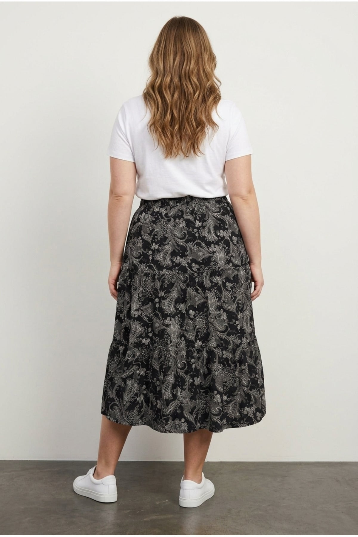 Plus Size Elastic Waist Pleated Floral Print Stretchy Fabric Skirt