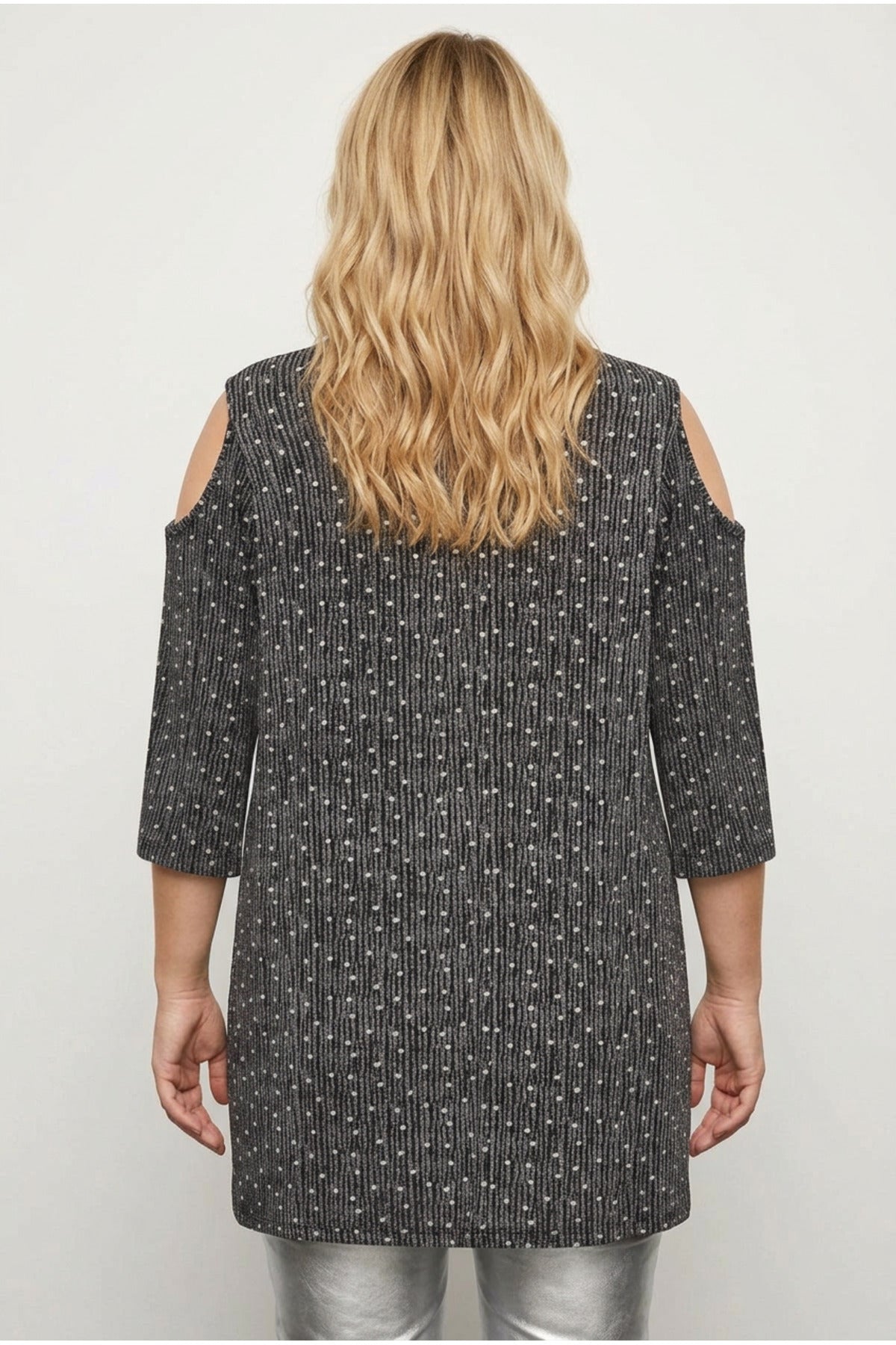 Plus Size Open Shoulder Detailed Polka Dot Half Sleeve Blouse