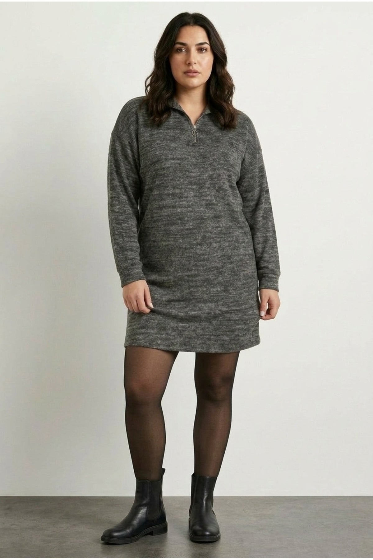 Plus Size Grey Fluffy Textured Zippered Dress