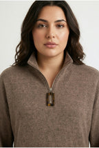 Plus Size Coffee Plush Dress with Zipper-Detailed Collar