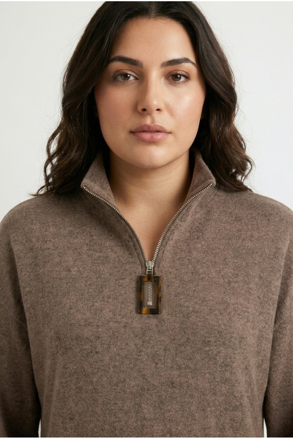Plus Size Coffee Plush Dress with Zipper-Detailed Collar
