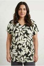 Plus Size V-Neck Short Sleeve Leaf Patterned Blouse