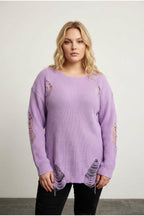Plus Size Long Sleeve Crew Neck Ripped Detail Knit Sweater