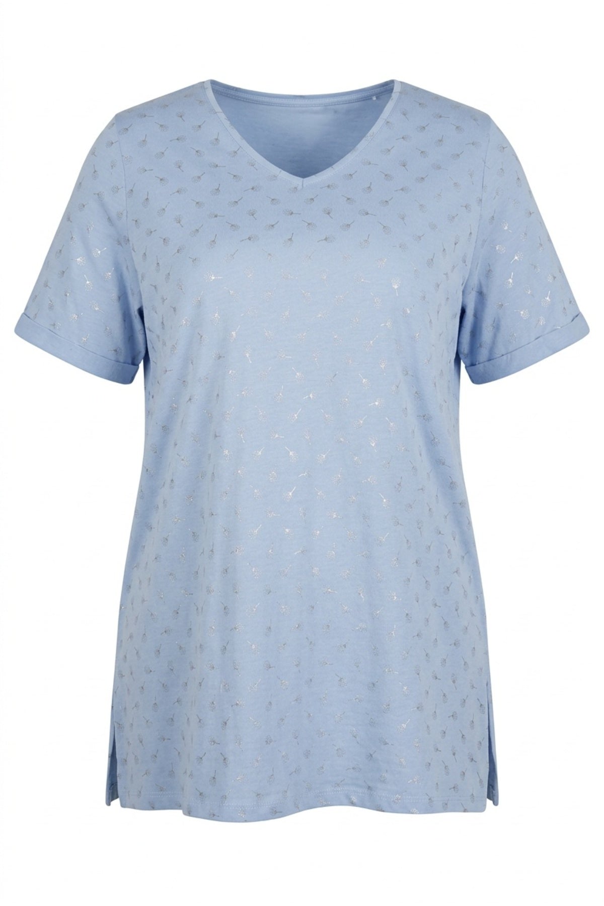 Plus Size Short Sleeve V-Neck Side Slit Metallic Print T-shirt