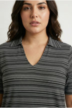 Plus Size V-Neck Short Sleeve Stretchy Fabric Striped Long T-shirt