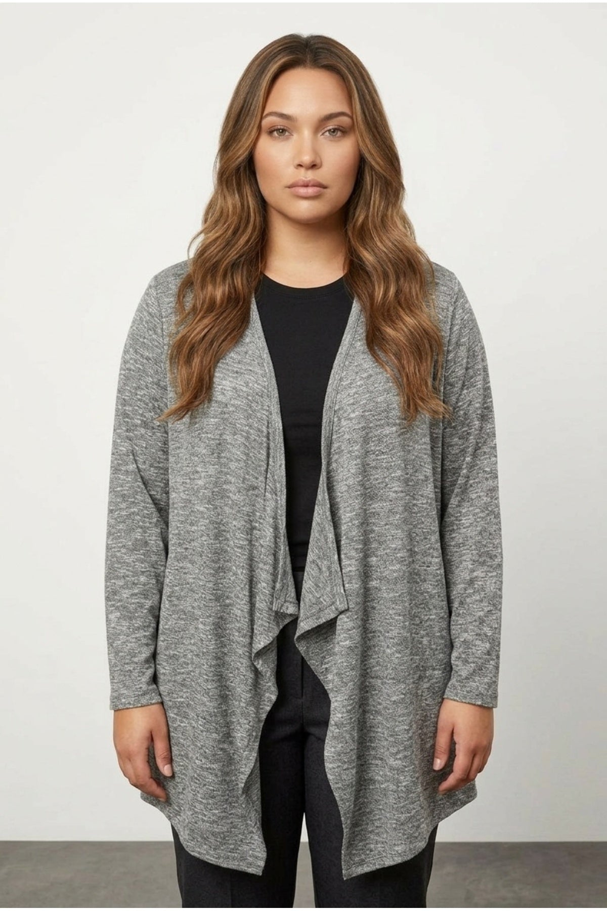 Plus Size Open Front Long Sleeve Asymmetrical Cut Thin Cardigan