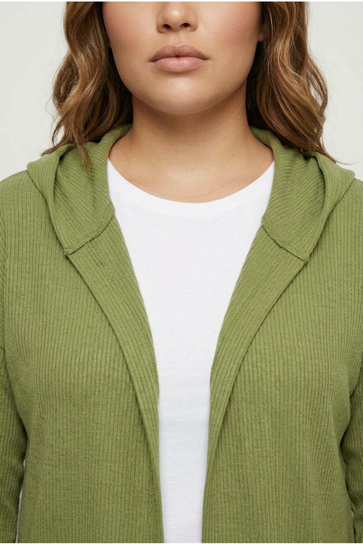 Plus Size Long Sleeve Hooded Open Front Ribbed Cardigan