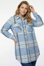Plus Size Buttoned Pocketed Blue Flannel Shirt