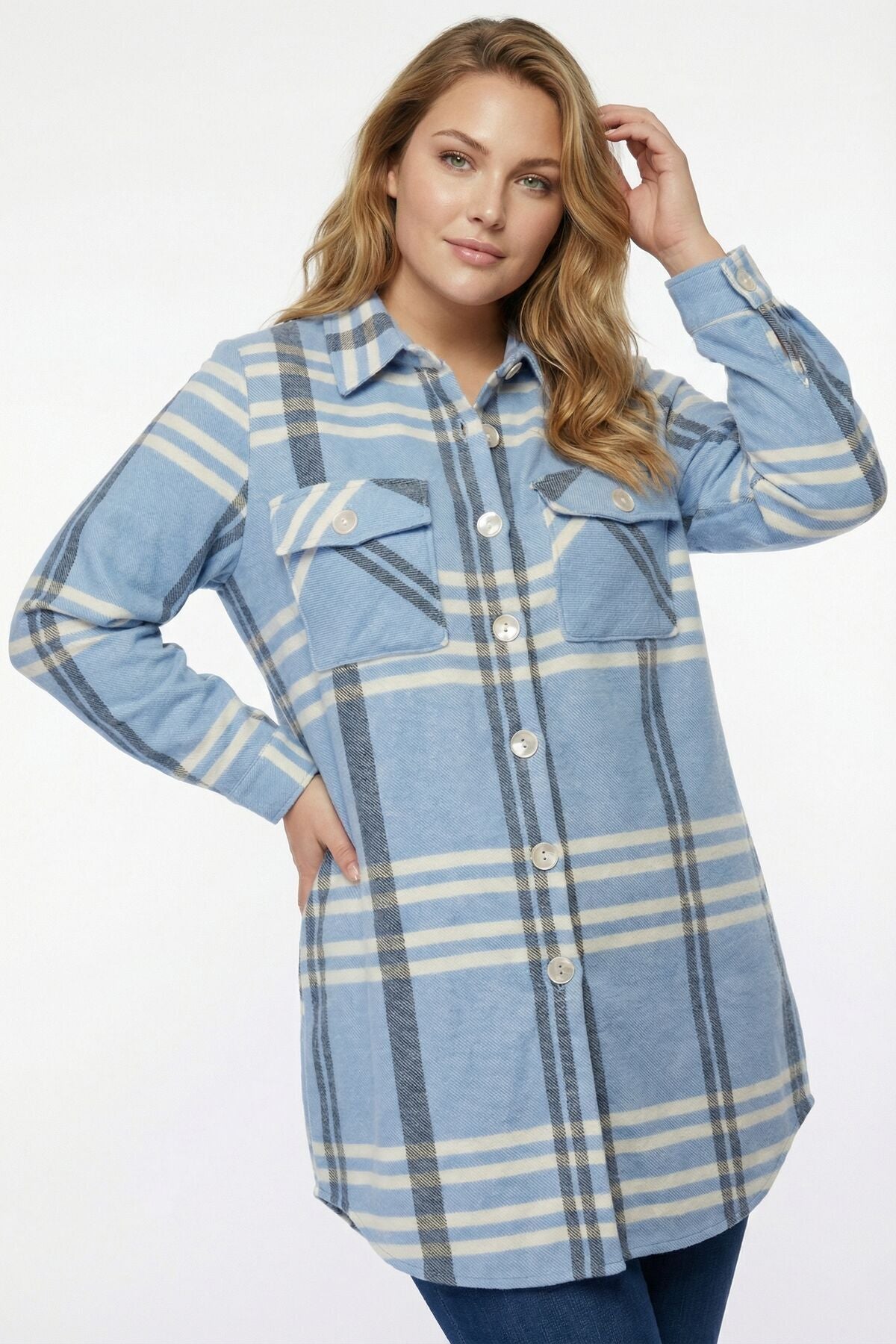 Plus Size Buttoned Pocketed Blue Flannel Shirt