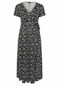 Plus Size V-neck Short Sleeve Belted Waist Floral Print Maxi Dress
