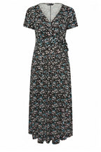 Plus Size V-neck Short Sleeve Belted Waist Floral Print Maxi Dress