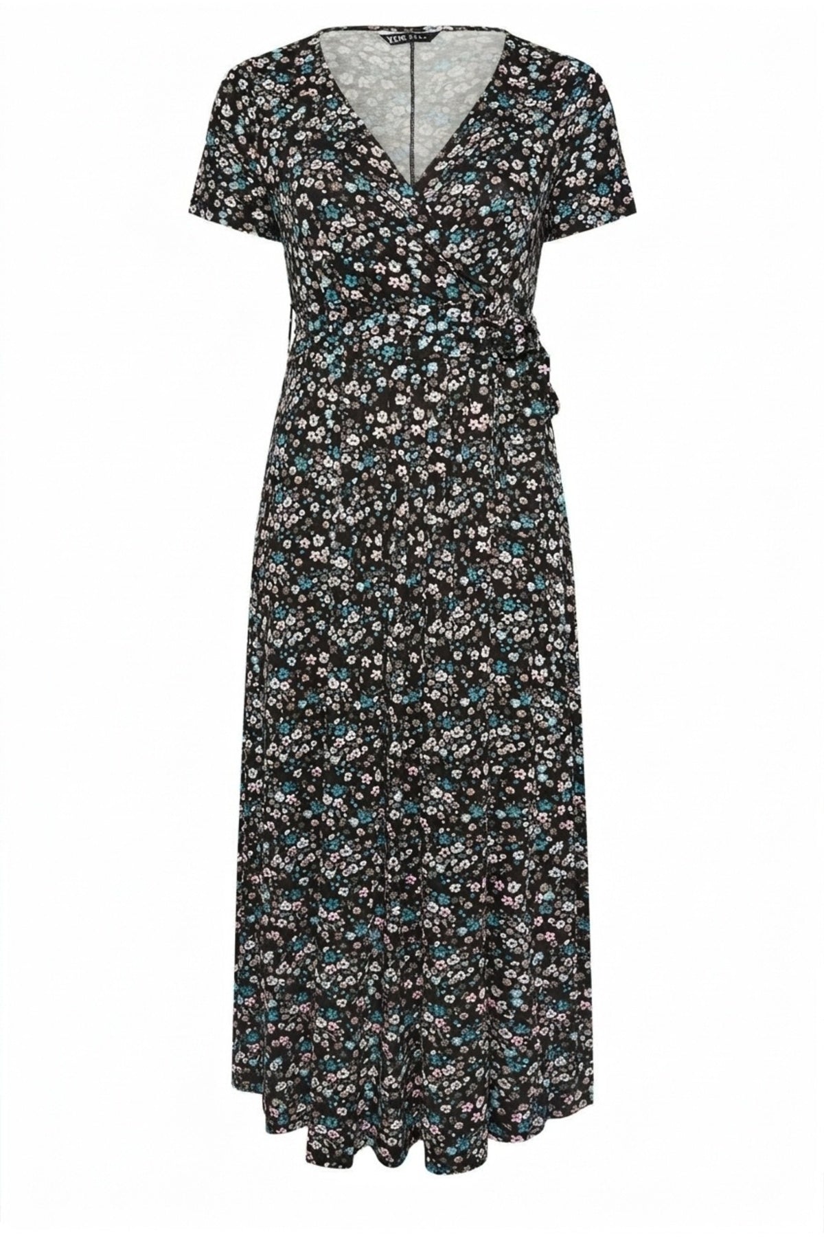 Plus Size V-neck Short Sleeve Belted Waist Floral Print Maxi Dress