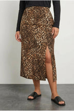 Plus Size Elastic Waist Slit Leopard Print Midi Length Skirt