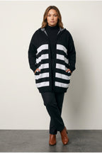 Plus Size Long Sleeve Pocketed Hooded Striped Knitted Cardigan
