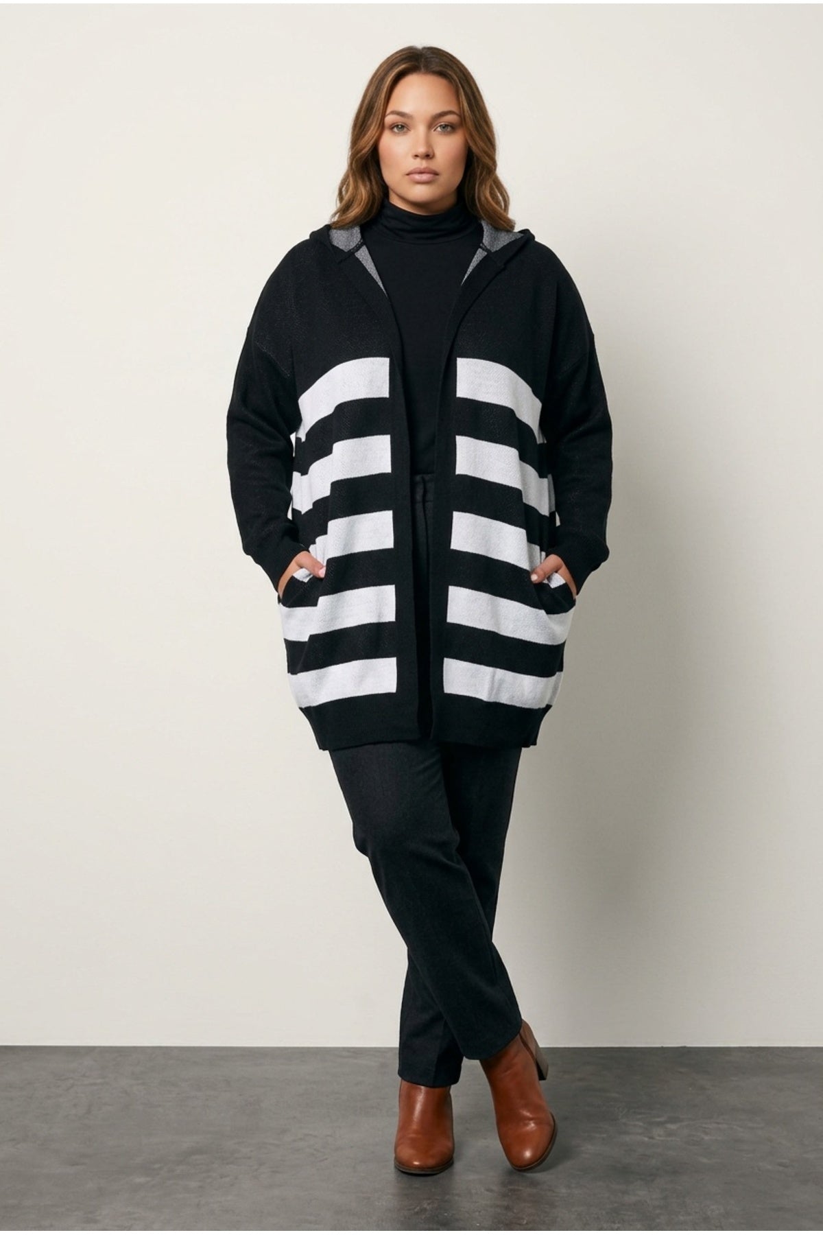 Plus Size Long Sleeve Pocketed Hooded Striped Knitted Cardigan