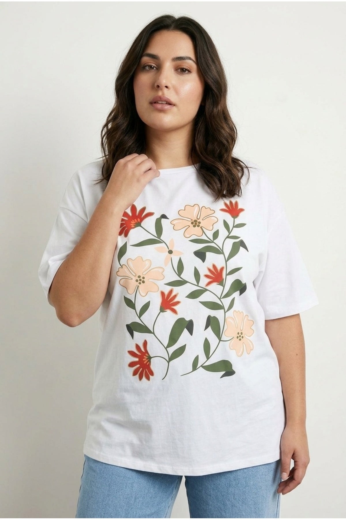 Plus Size Short Sleeve Crew Neck Floral Patterned T-shirt