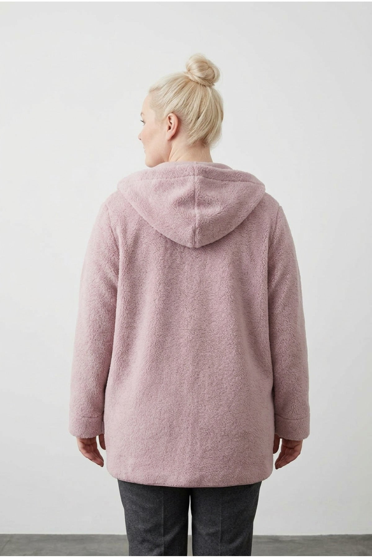 Plus Size Long Sleeve Hooded Open Front Plush Jacket with Pockets