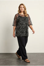 Plus Size 3/4 Sleeve Lined Patterned Tulle Blouse