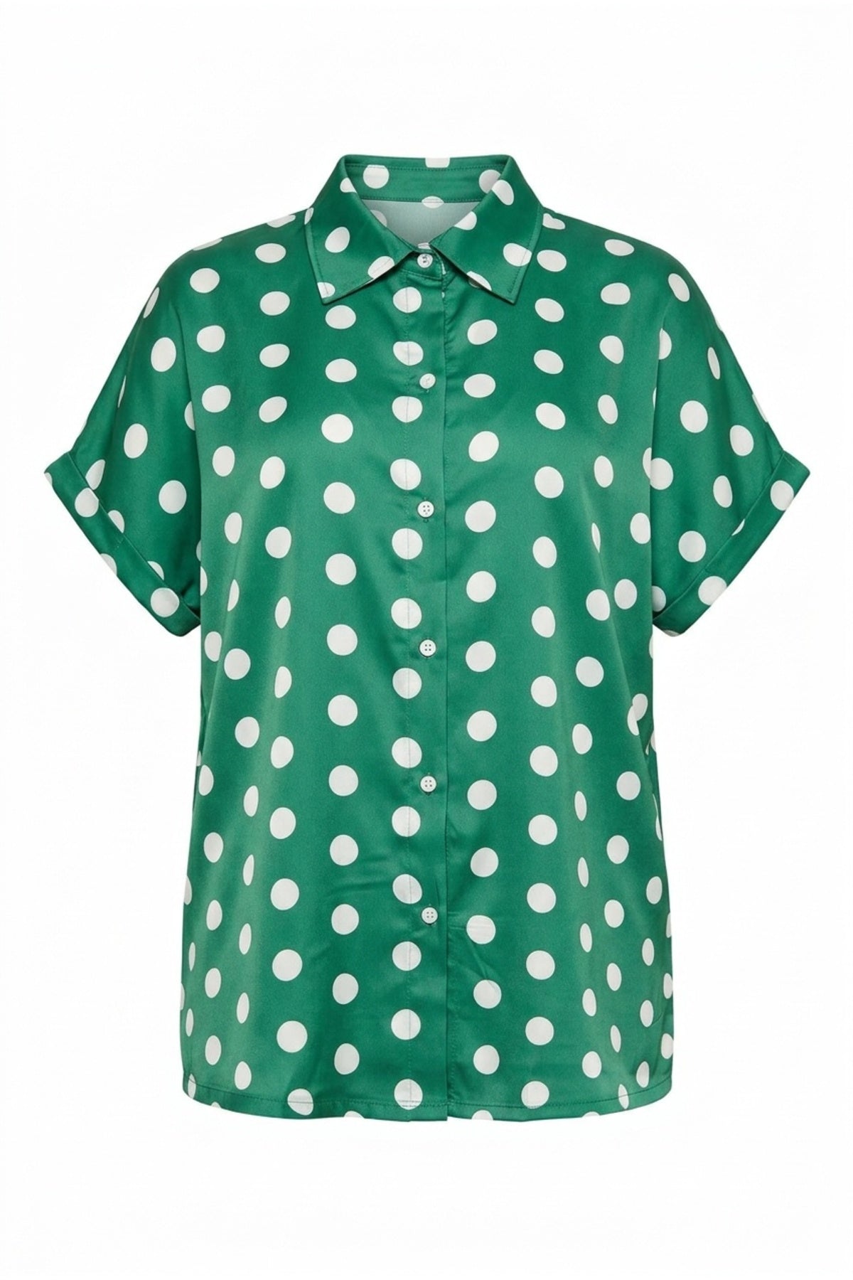 Plus Size Button-Front Short Sleeve Polka Dot Patterned Shirt