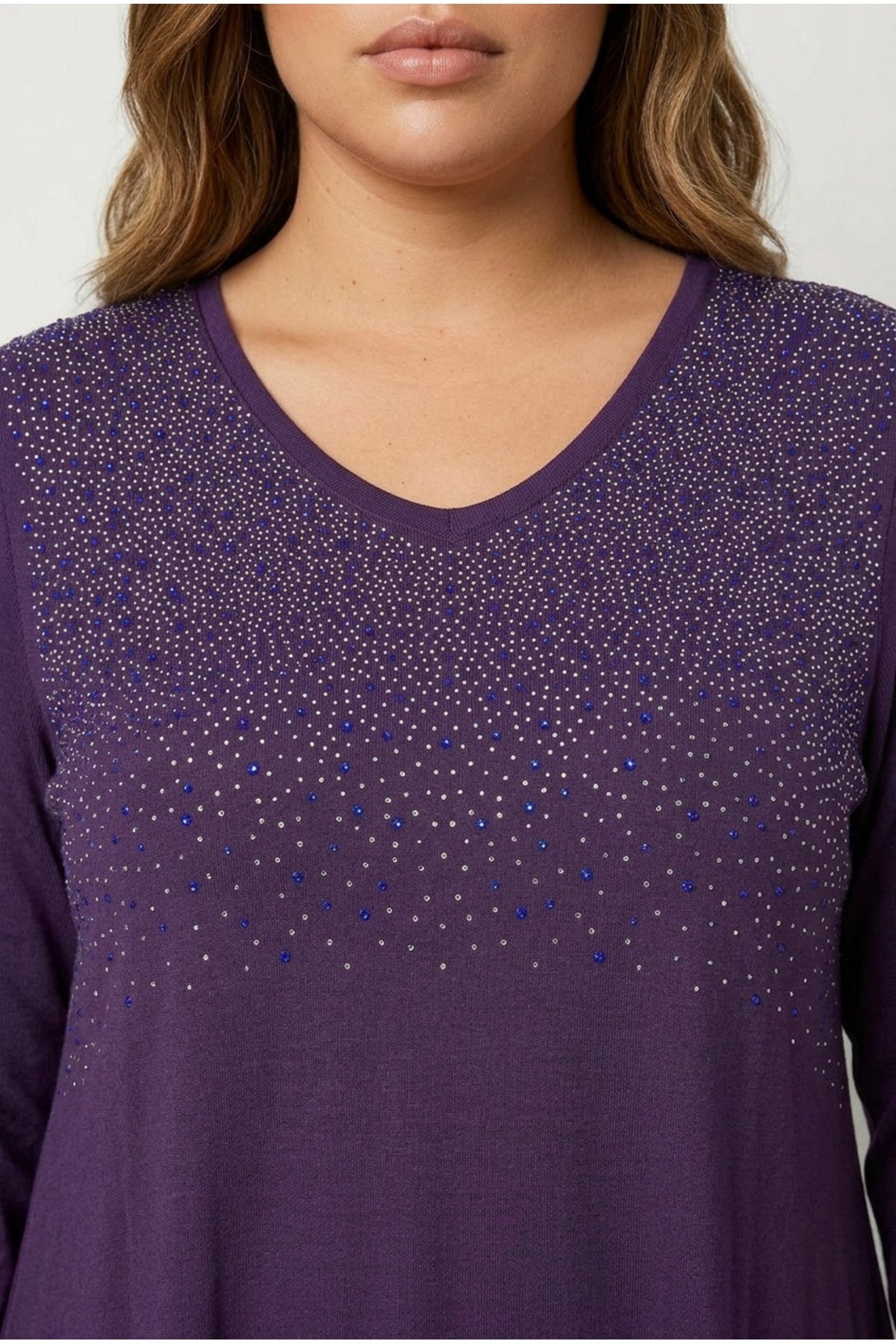 Plus Size V-Neck Long Sleeve Front Stone Embellished Blouse