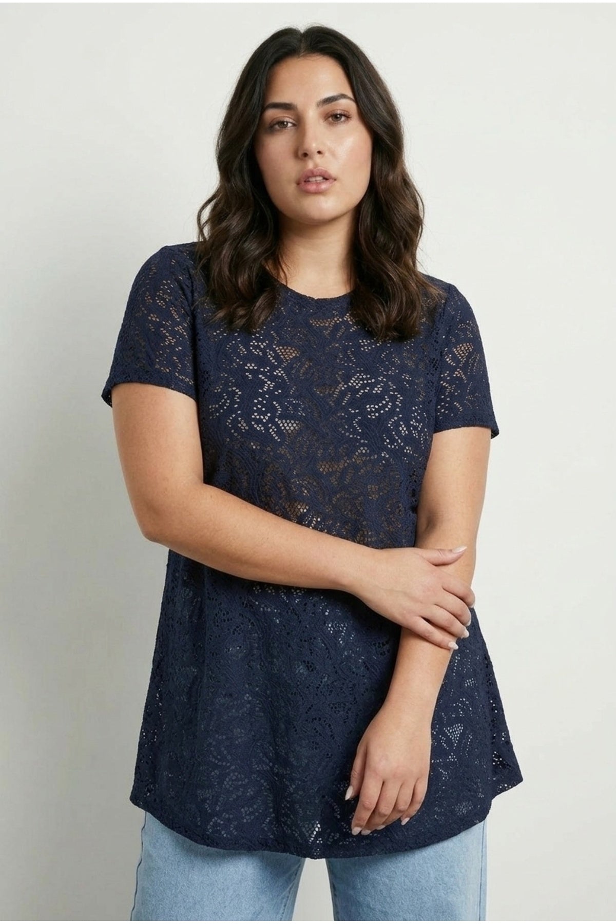 Plus Size V-Neck Short Sleeve Unlined Lace T-shirt