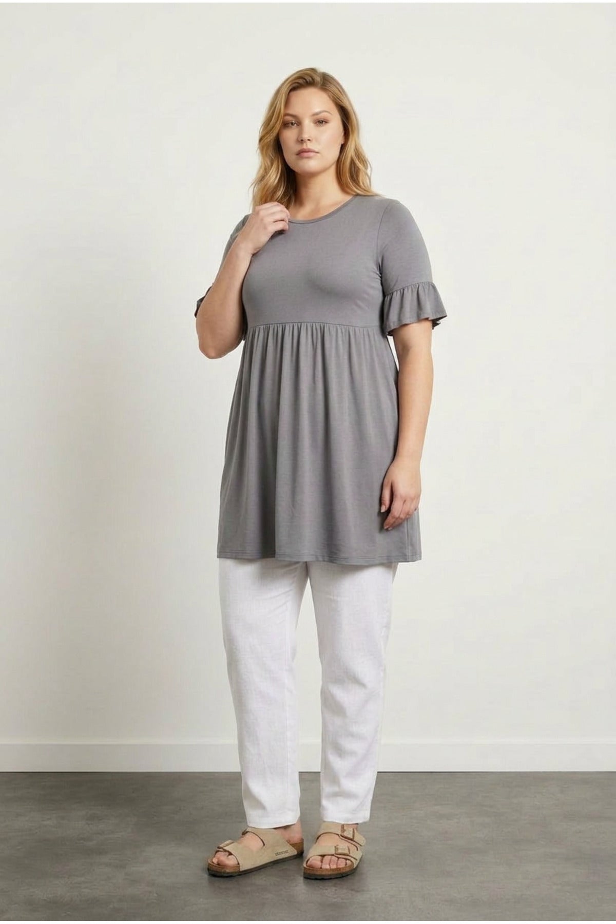 Plus Size Sleeve Detailed, Elasticated Waist, Pleated Tunic T-shirt