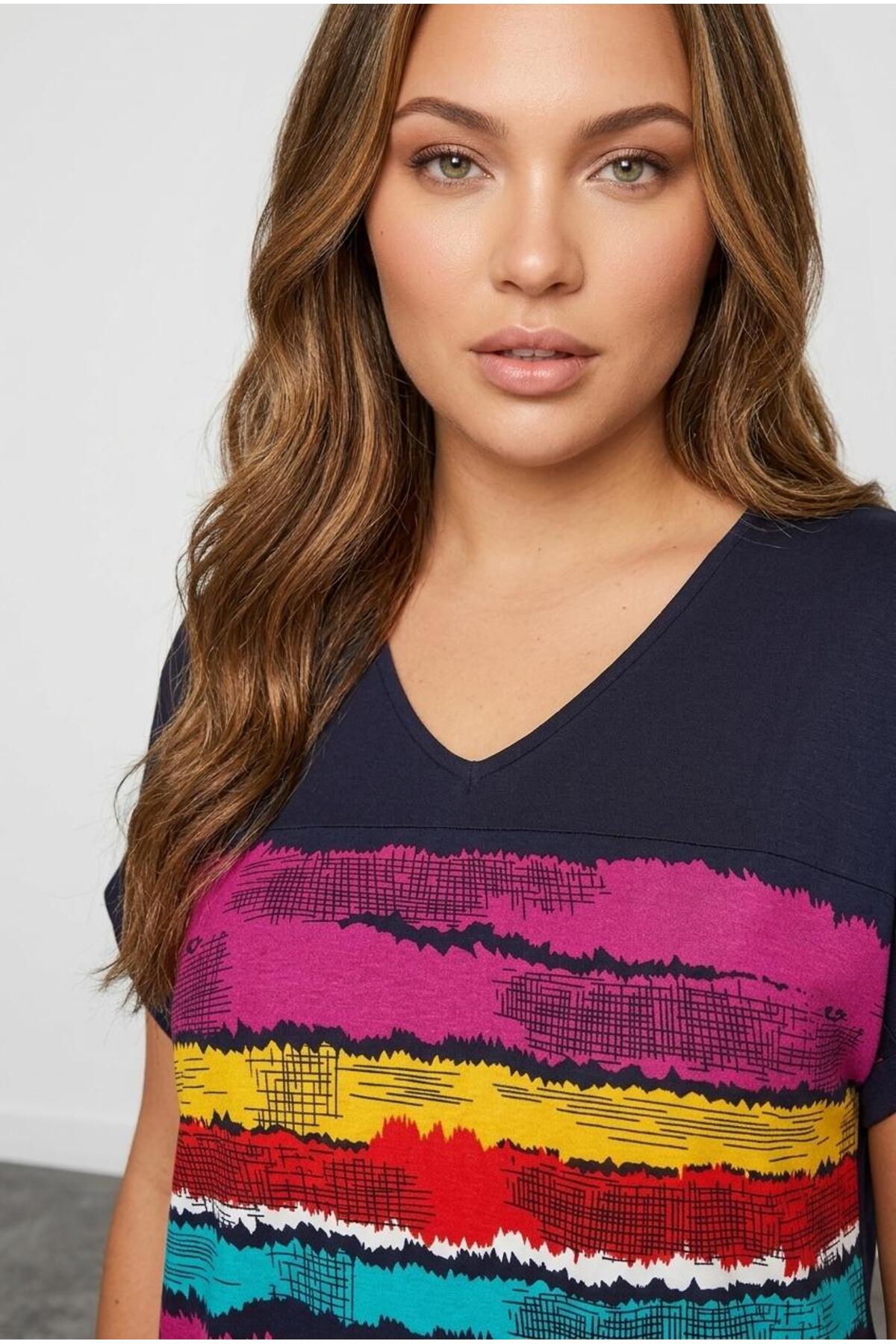 Plus Size V-Neck Short Sleeve Striped T-shirt