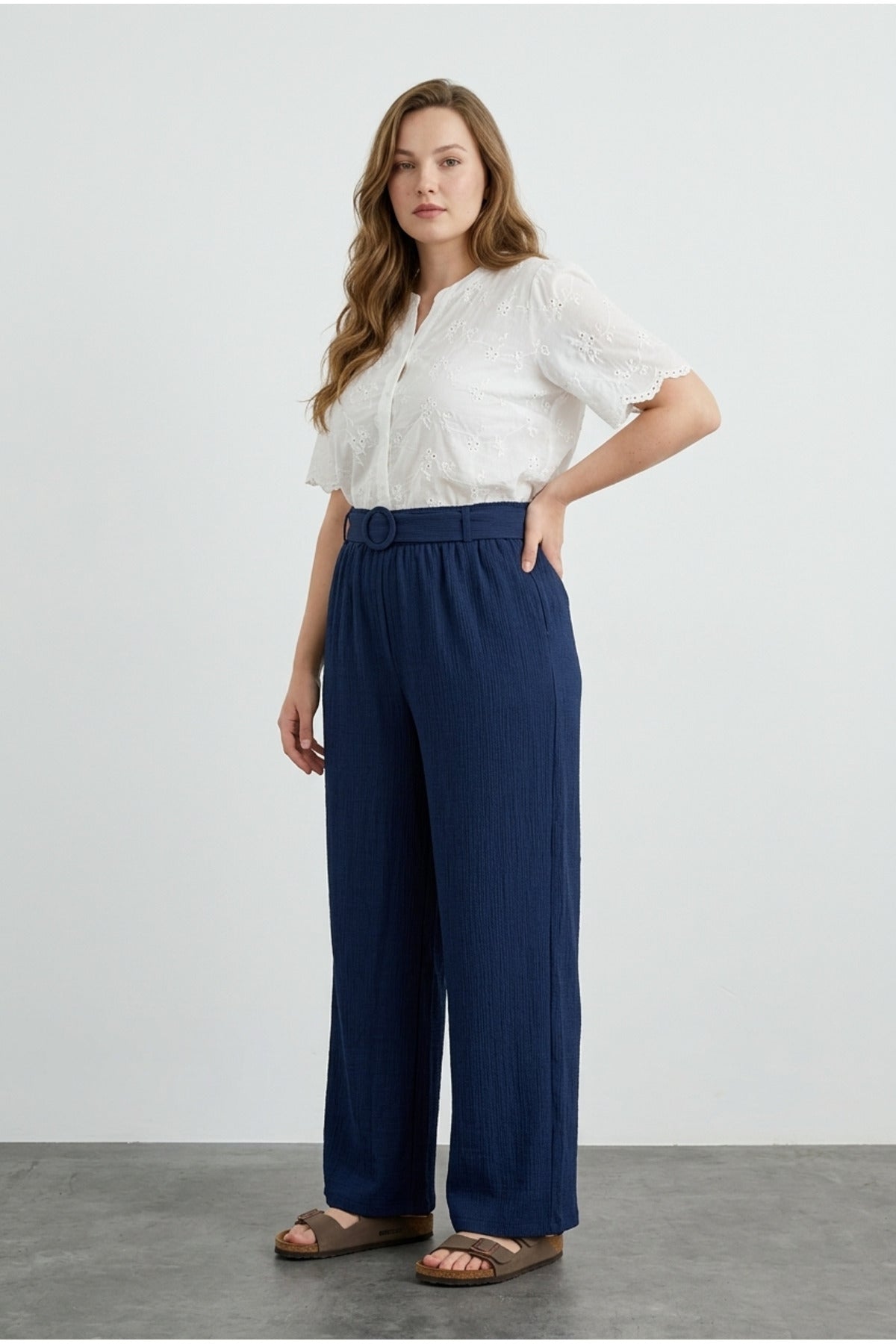 Plus Size Elastic Waist Wide Leg Crinkle Stretchy Pants with Pockets