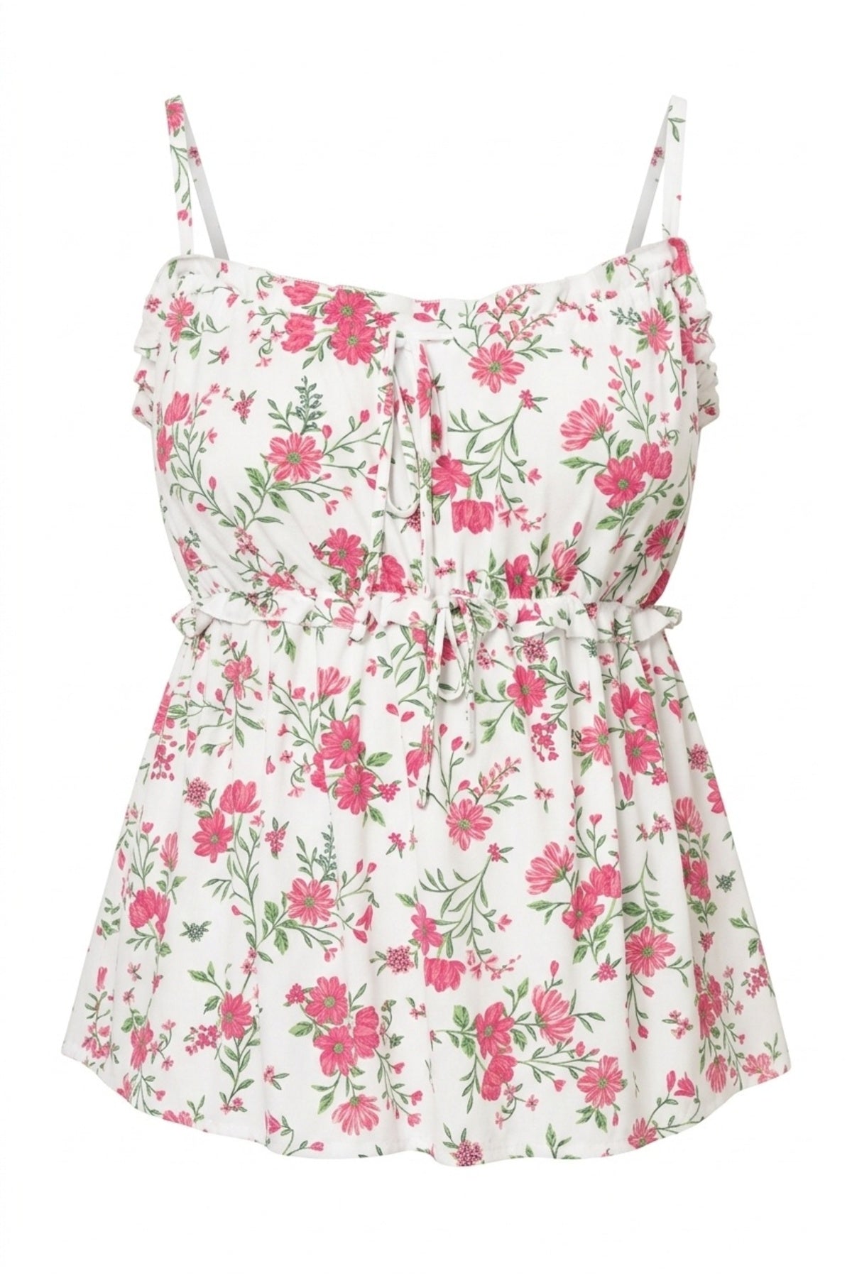 Plus Size Square Neck Strappy Floral Patterned T-shirt with String Detail