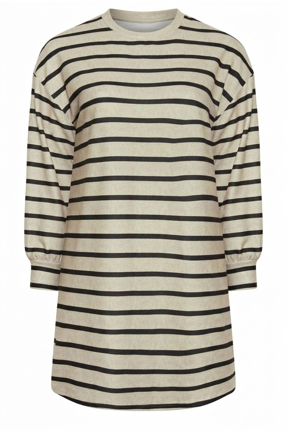 Plus Size Crew Neck Long Sleeve Striped Short Dress