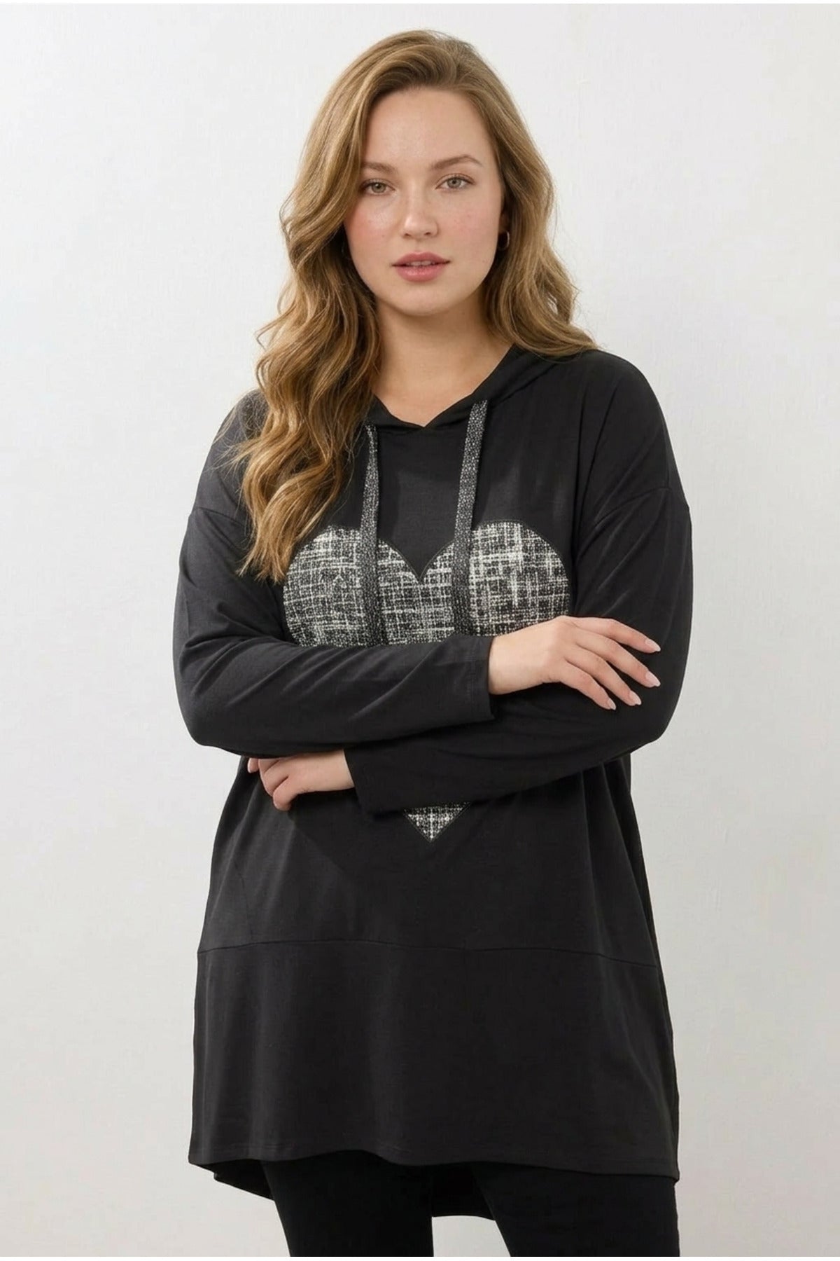 Plus Size V-Neck Long Sleeve Hooded Tunic Sweatshirt