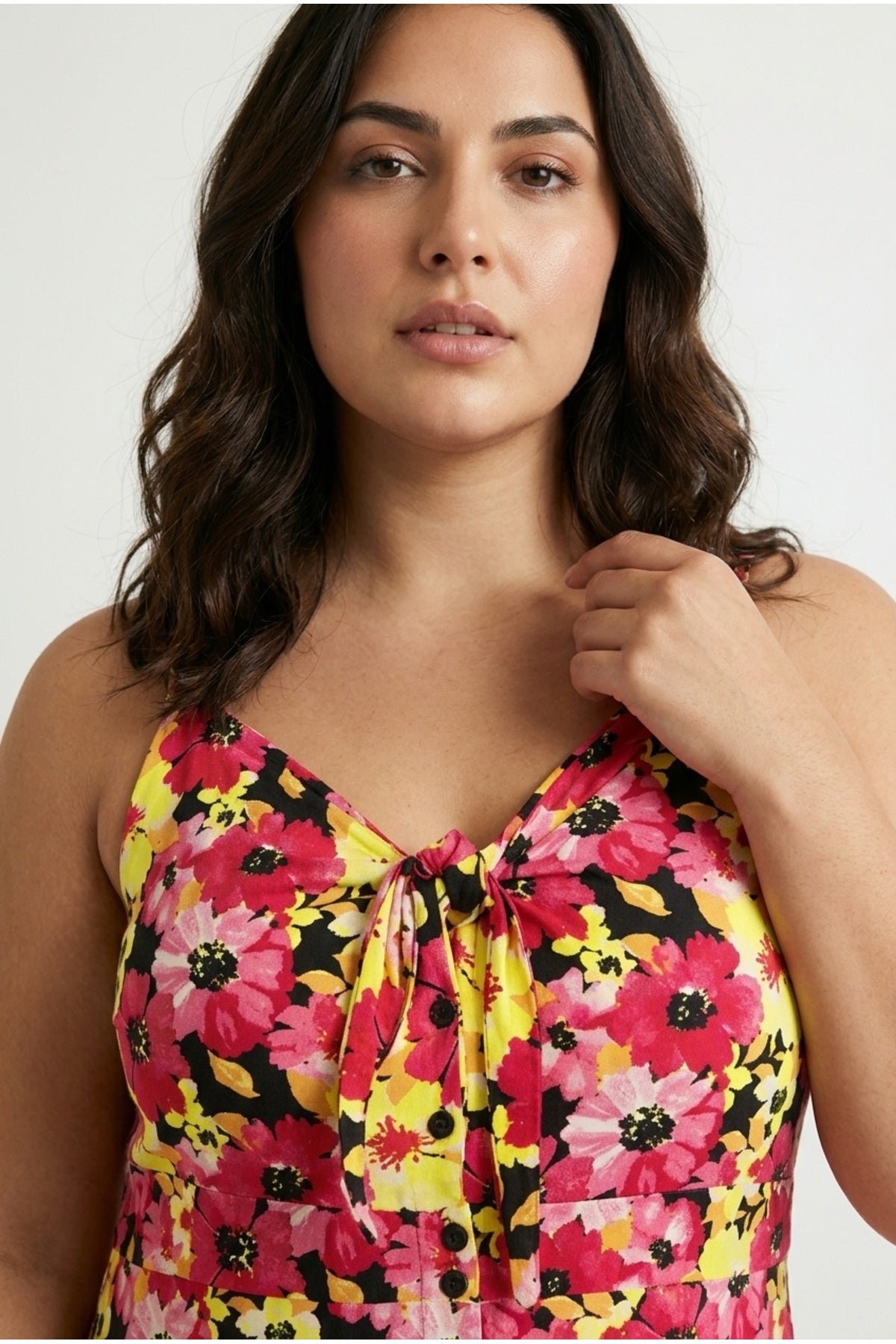 Plus Size Front Shirred Strappy Floral Print Buttoned Dress