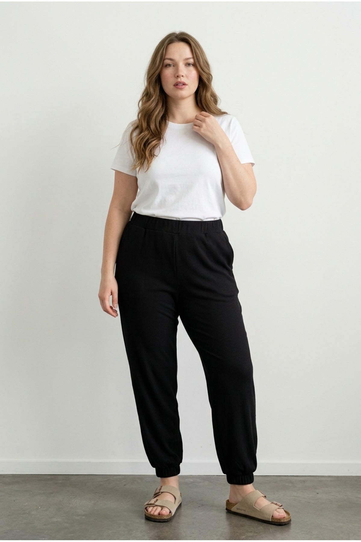Plus Size Elasticated Waist and Cuffs Stretchy Ribbed Fabric Jogger Pants