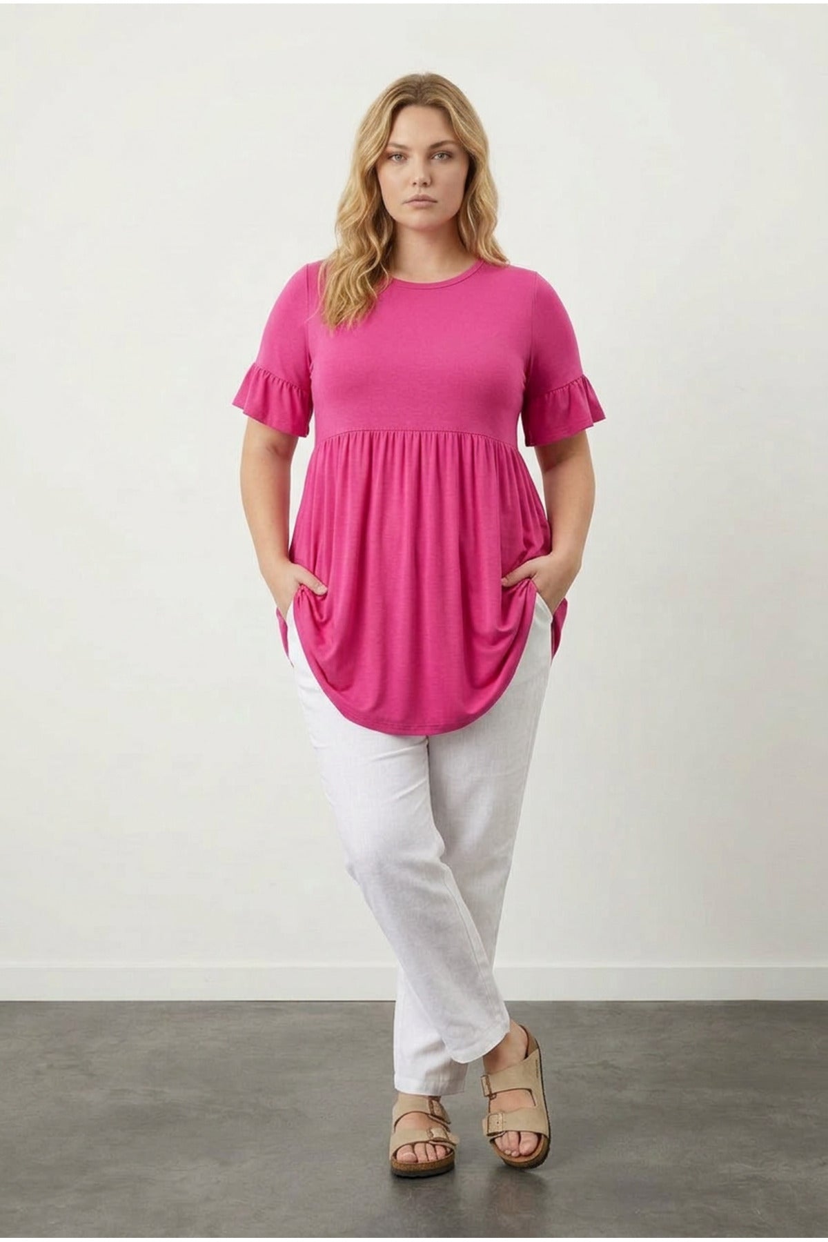 Plus Size Sleeve Detailed Elastic Waist Pleated Tunic T-shirt
